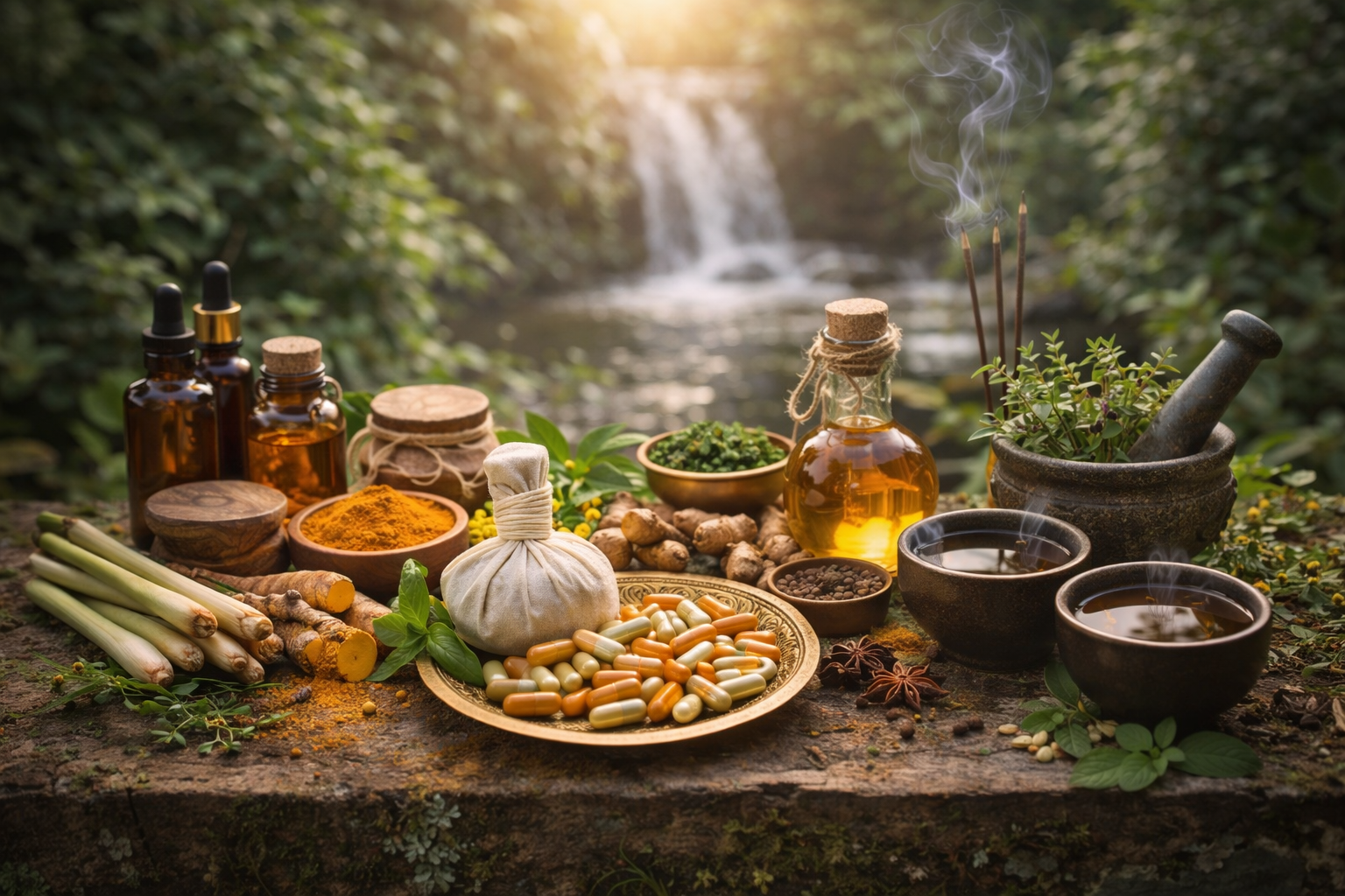 CibaFit - Herbal supplements for joint care, immunity, skin, and hair products on a stone surface. 
