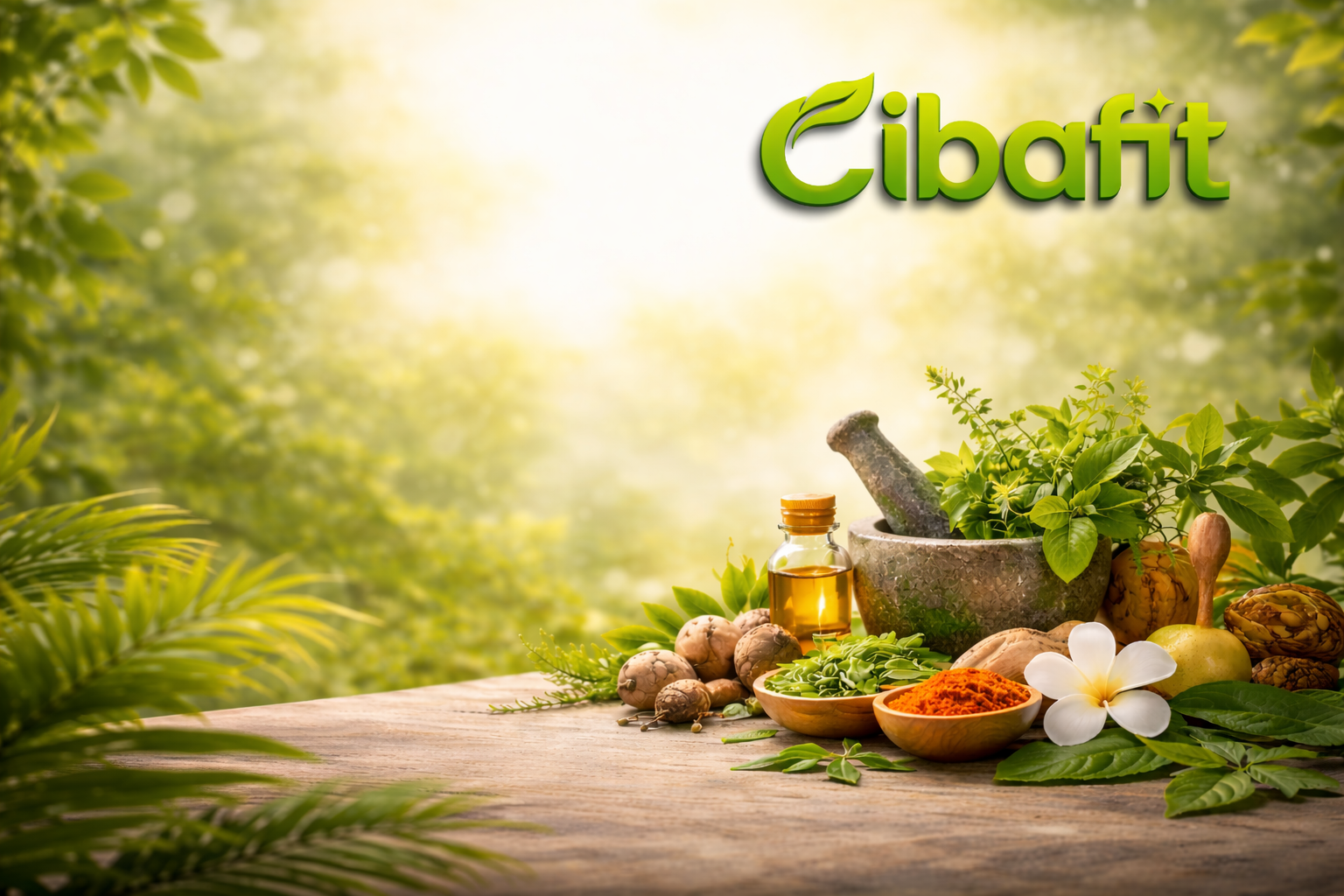 Herbal ingredients on a wooden table with 'Cibafit' branding in a natural setting.
