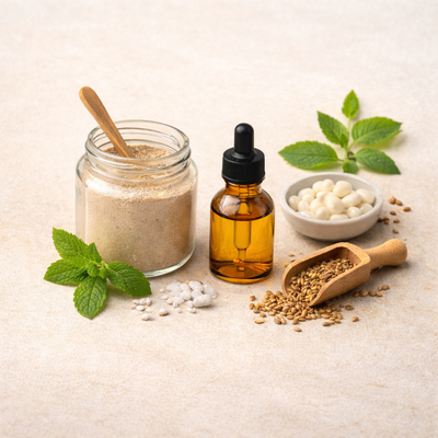 Jar of powder, bottle of oil, and other natural ingredients CibaFit natural supplements without harsh additives