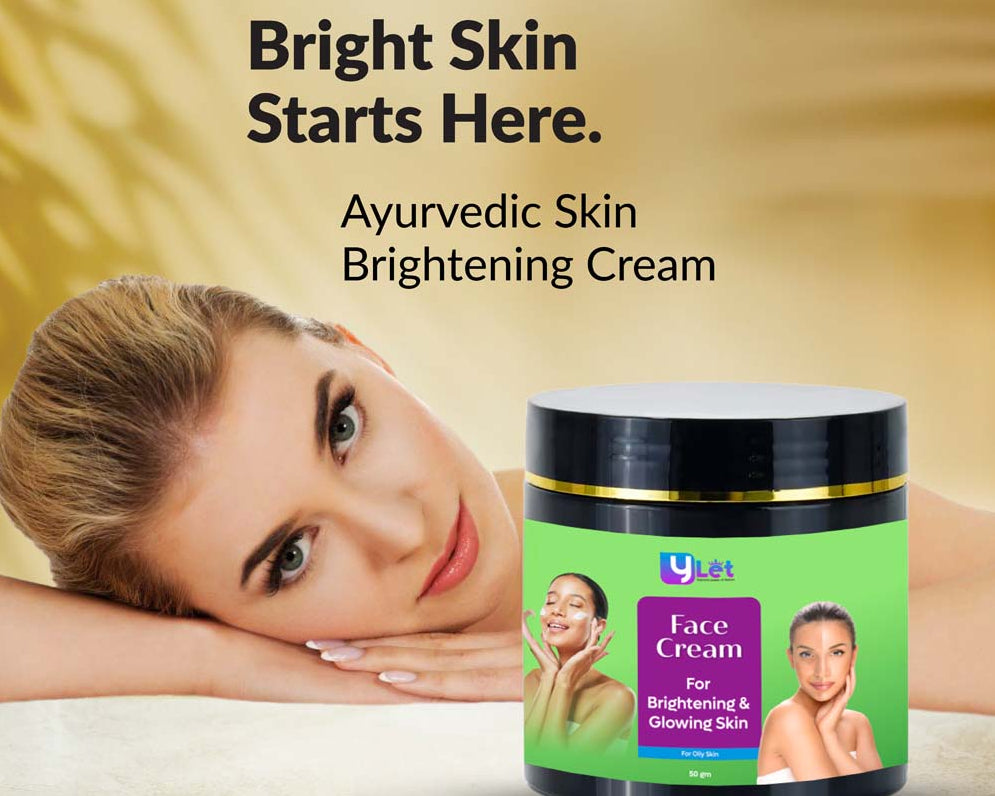 Advertisement for Ayurvedic skin brightening cream with a woman and product packaging.