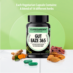Curegarden Gut Eaze 365 supplement bottle with herbs and capsules on a green background