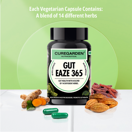 Curegarden Gut Eaze 365 supplement bottle with herbs and capsules on a green background