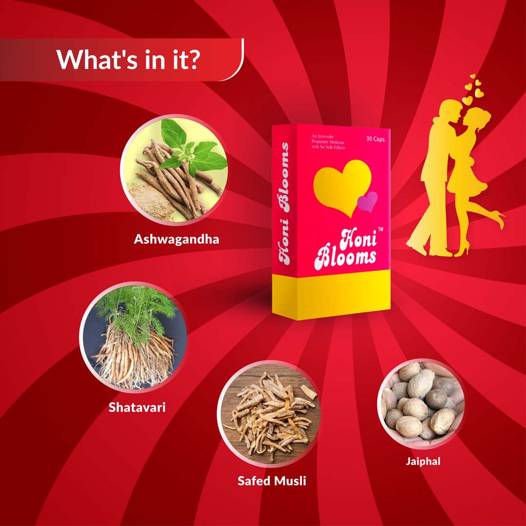 Product packaging with ingredients on a red background