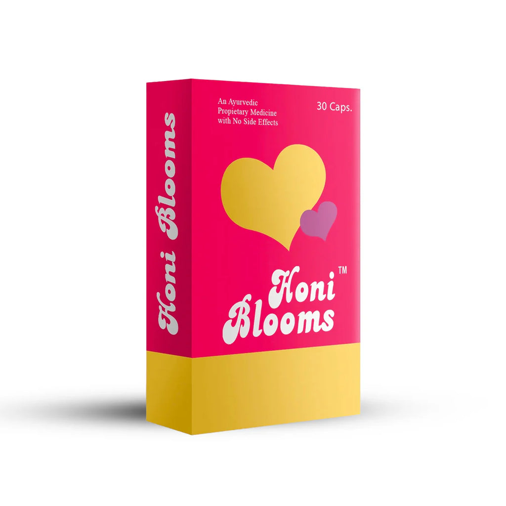 'Honi Blooms' product packaging with pink and yellow design on a white background