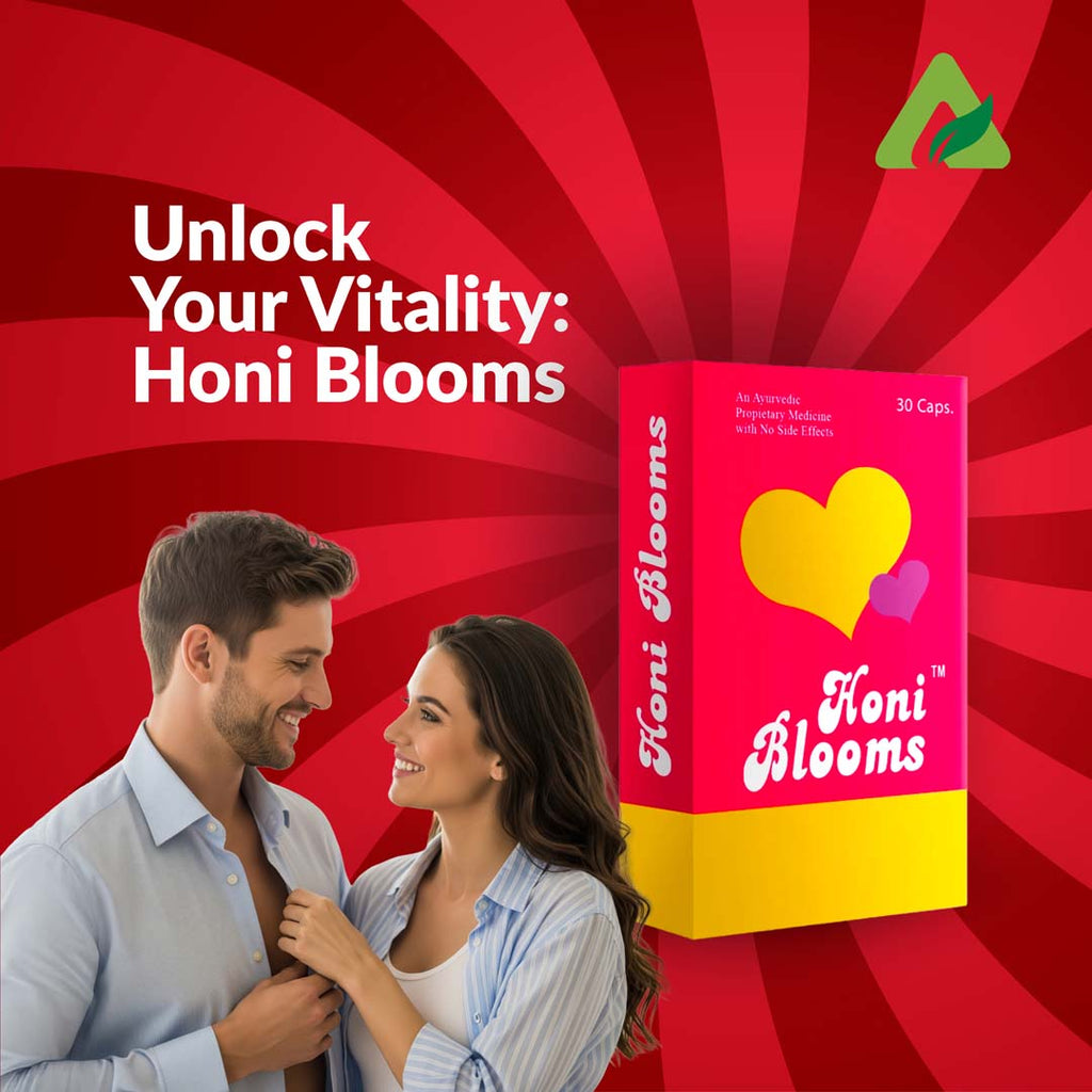 Advertisement for Honi Blooms with a couple and product packaging on a red background