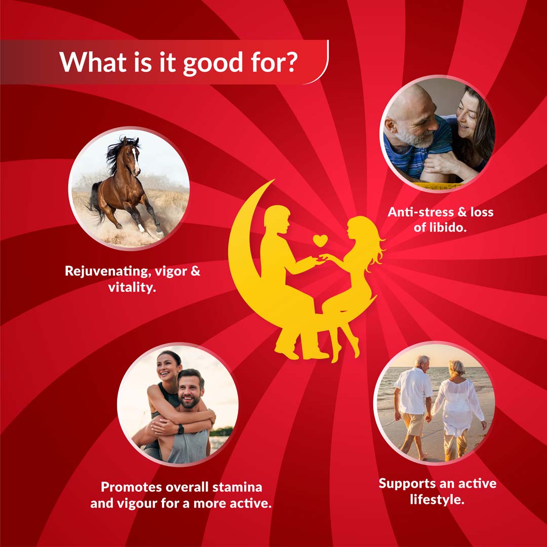 Red background with yellow silhouettes of a couple and icons of a horse, people, and a moon, with text about benefits.