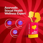 Advertisement for Ayurvedic sexual health wellness expert product with packaging on a red background