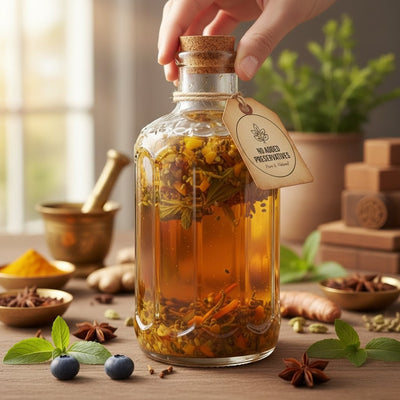Glass bottle with herbal mixture and a tag on a wooden surface with plants and bowls in the background—Cibafit