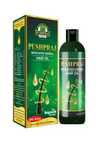 Pushpraj Medicated Herbal Hair Oil packaging including box and bottle on a white background