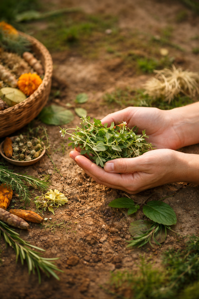 Hands holding a bundle of fresh herbs with a natural setting of plants and a basket of natural ingredients for CibaFit wellness supplements 