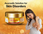 Waxy Gold Powder jar with a woman scratching her arm on a warm yellow background, labeled as an Ayurvedic solution for skin disorders.