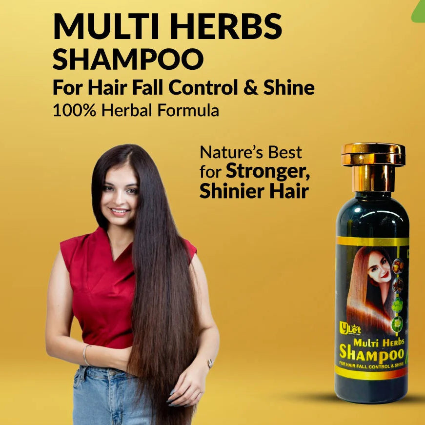 Advertisement for Multi Herbs Shampoo with a woman and shampoo bottle on a yellow background