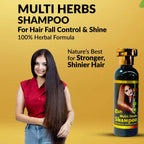 Advertisement for Multi Herbs Shampoo with a woman and shampoo bottle on a yellow background