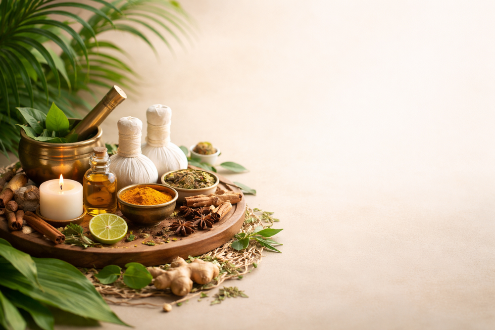 CibaFit wellness products hero banner—Herbal natural products on a wooden tray with plants 