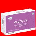 Box of GLUTA-LIV capsules with purple and white design on a white background