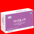 Box of GLUTA-LIV capsules with purple and white design on a white background