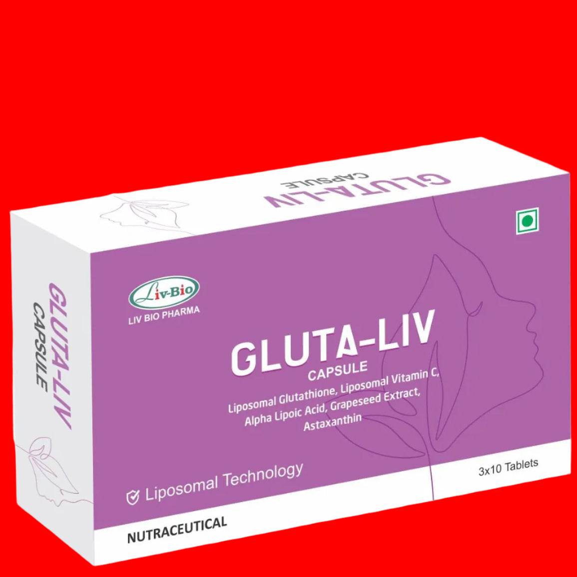 Box of GLUTA-LIV capsules with purple and white design on a white background